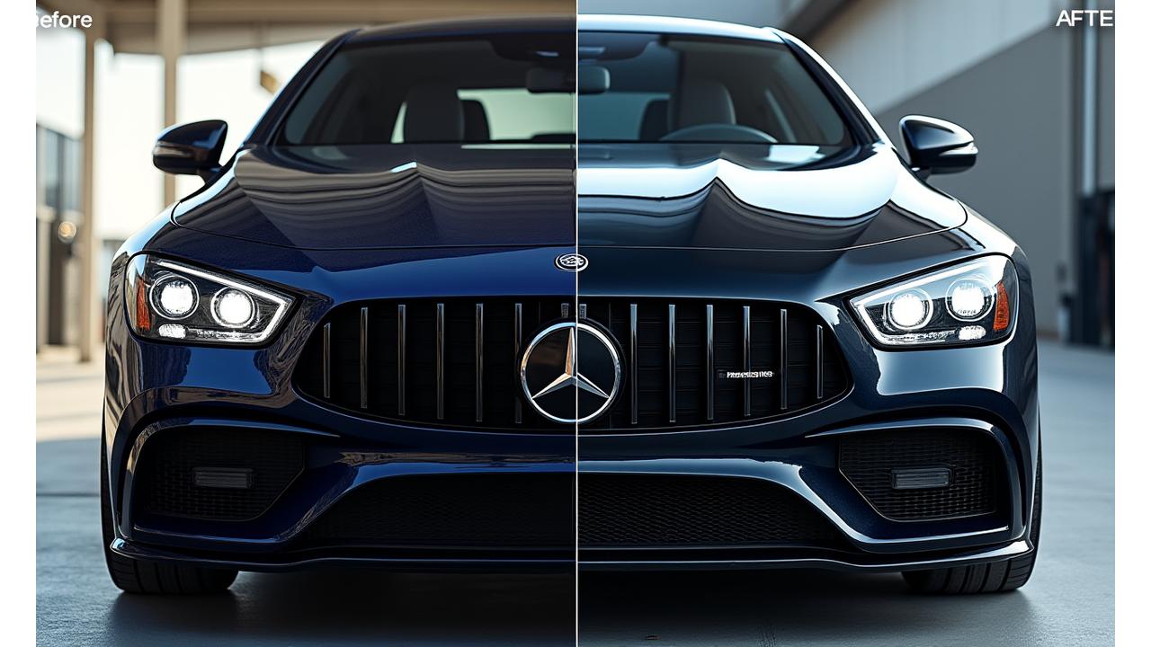 Slider interactif avant/après montrant la transformation spectaculaire d'une voiture grâce au detailing extérieur par e4bimconsultants.com