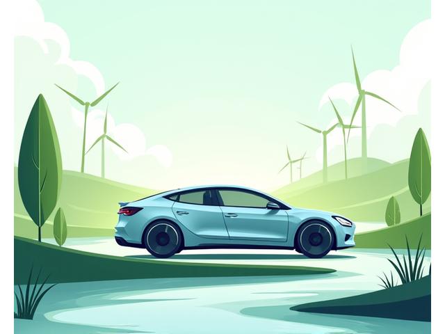 Illustration montrant des symboles d'énergie renouvelable (panneaux solaires, éoliennes) et des gouttes d'eau recyclées à côté d'un véhicule électrique propre, représentant l'engagement écologique d'e4bimconsultants.com.