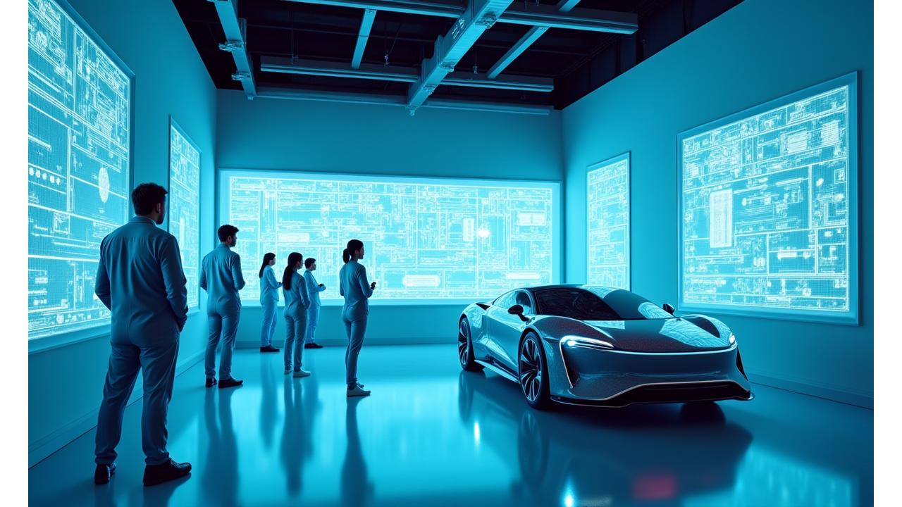 Image conceptuelle d'un laboratoire de recherche automobile futuriste avec des techniciens analysant des véhicules électriques de prochaine génération, symbolisant l'engagement d'e4bimconsultants.com pour l'innovation et l'avenir de l'automobile.