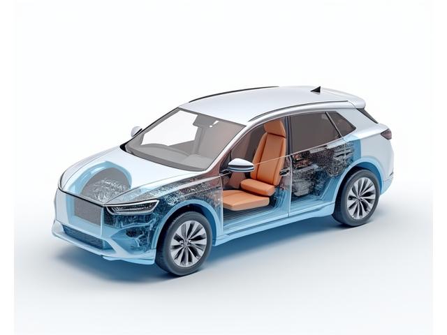 Vue éclatée simplifiée d'une voiture hybride, montrant clairement le moteur thermique et les composants électriques des batteries, illustrant la double compétence nécessaire pour leur entretien chez e4bimconsultants.com.