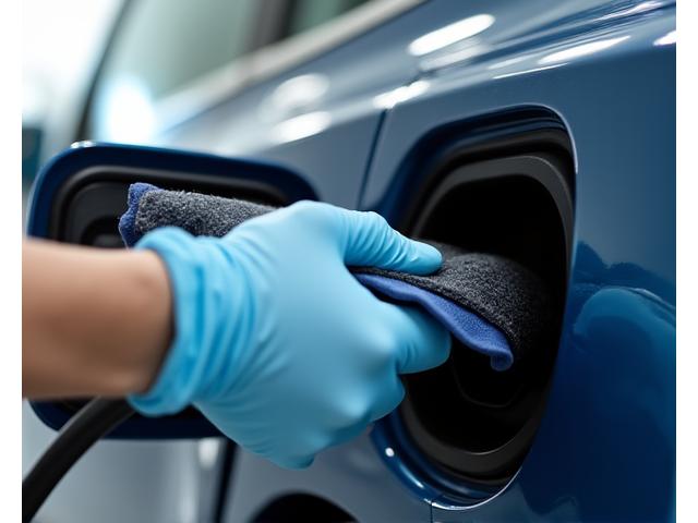 Vue rapprochée d'un opérateur e4bimconsultants.com nettoyant délicatement le port de charge d'un véhicule électrique avec un produit et un chiffon spécifiques, illustrant la précision et la connaissance des zones sensibles.