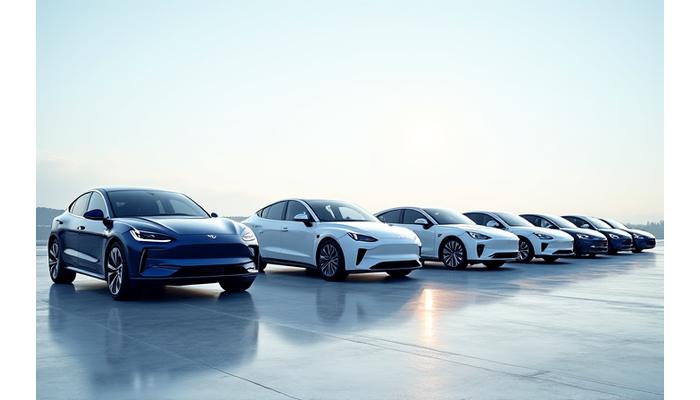 Flotte de véhicules d'entreprise e4bimconsultants.com impeccablement nettoyée, alignée et brillante dans un parking moderne, reflétant le ciel bleu clair. L'image met en valeur la propreté et le professionnalisme.