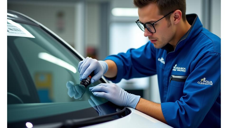 Un technicien e4bimconsultants.com en uniforme bleu et orange appliquant méticuleusement un traitement hydrophobe sur le pare-brise d'une voiture, éclairé par une lumière diffuse pour accentuer la précision du geste.