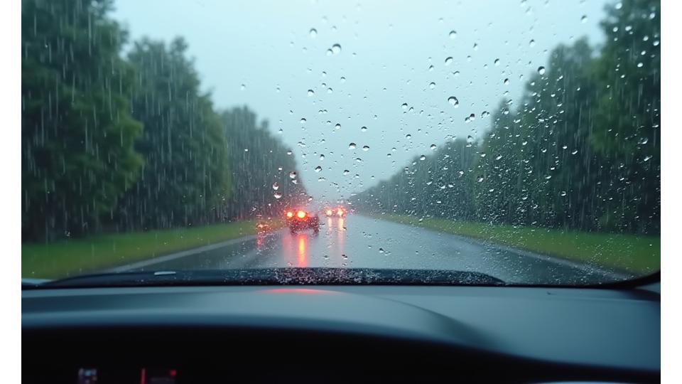Vue claire d'un pare-brise sous la pluie avec l'effet hydrophobe du traitement e4bimconsultants.com, montrant des gouttes d'eau perlantes s'évacuant rapidement, contrastant avec une portion non traitée floue.